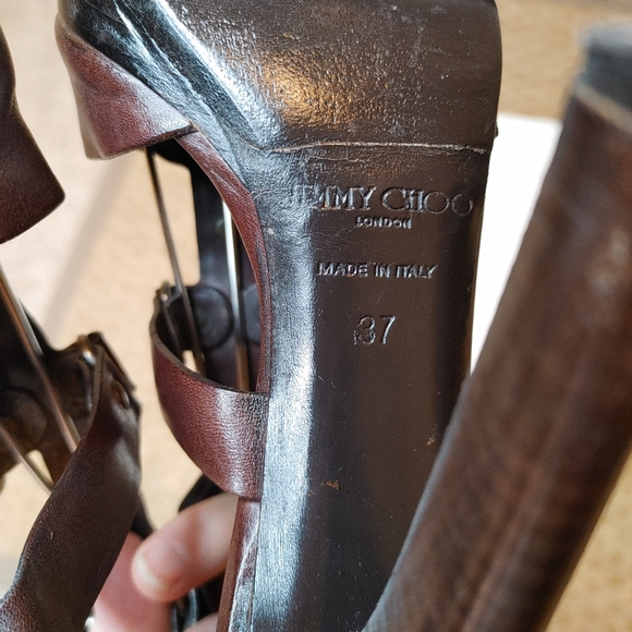 JIMMY CHOO "PRIZE" LEATHER GLADIATOR SANDAL, DK BROWN 37 IT - Picture 14 of 16